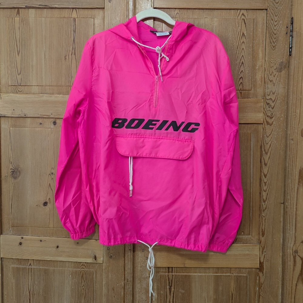 VTG Boeing Pullover 1/4 Zip Hooded Running Jacket Windbreaker Neon Pink